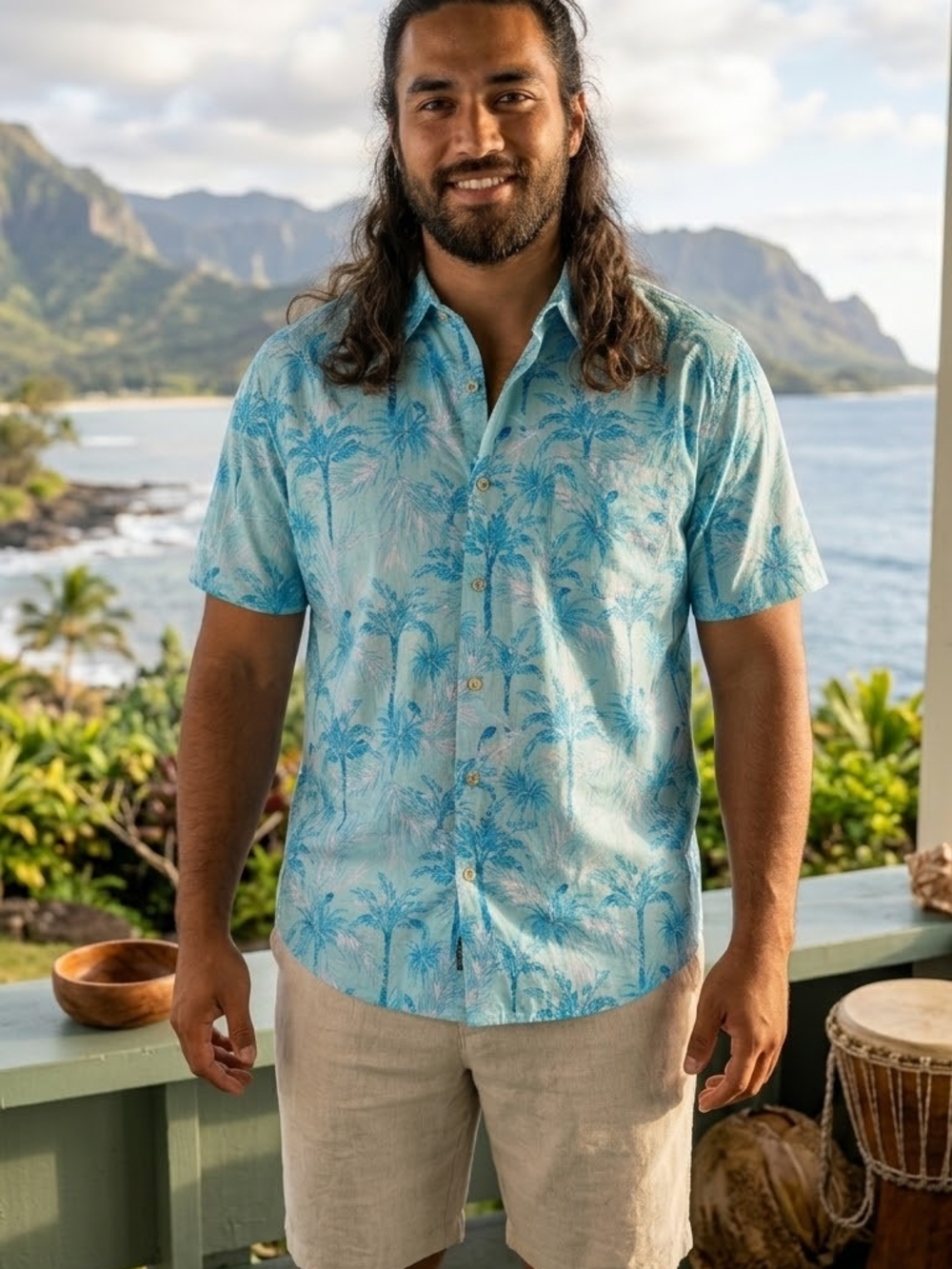 NWT XXL Izod SaltwaterMen's Light Blue Palm-Print Short Sleeve Shirt